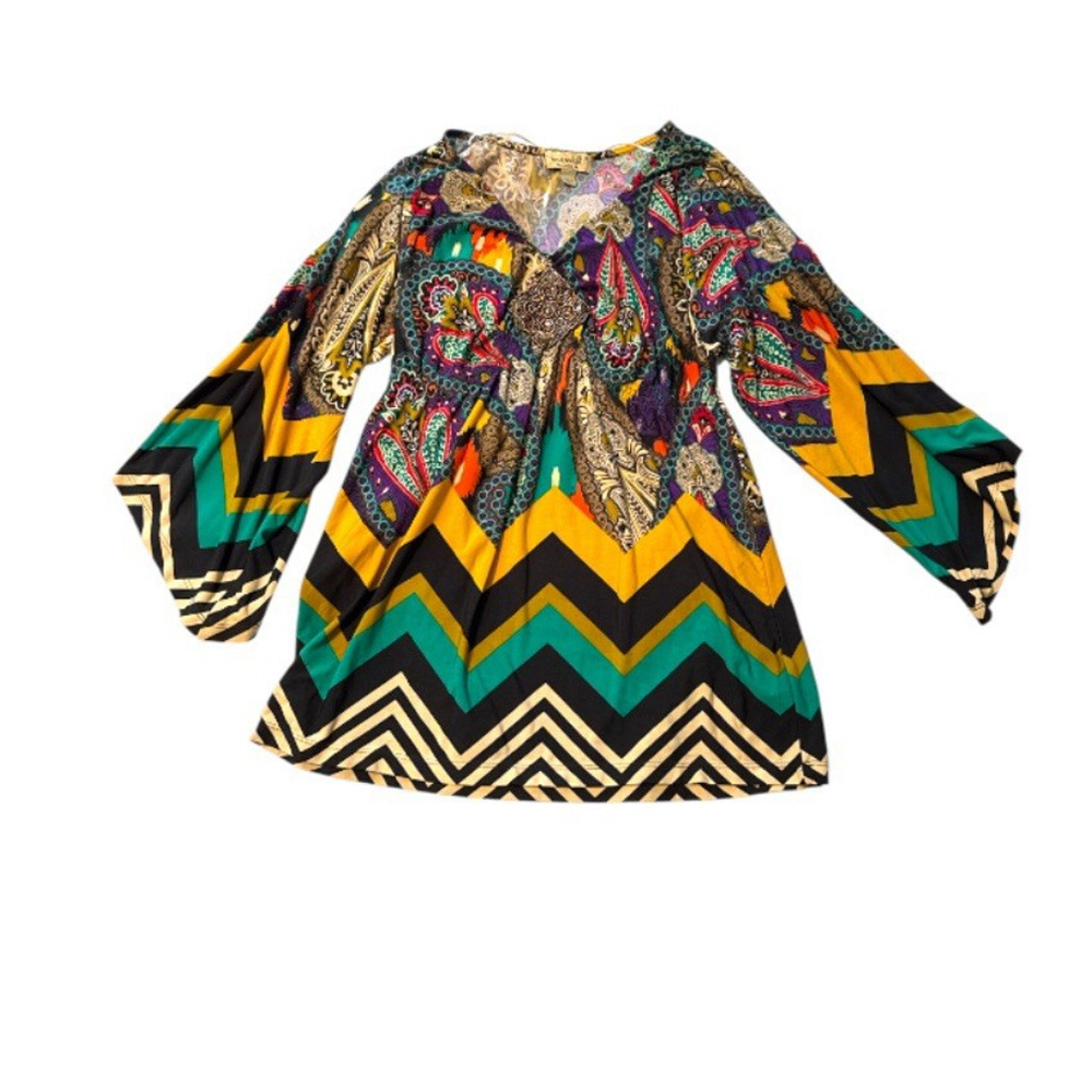 One World Womens Tunic Top Boho Yellow Paisley Long Sleeve V Neck Psychedelic S